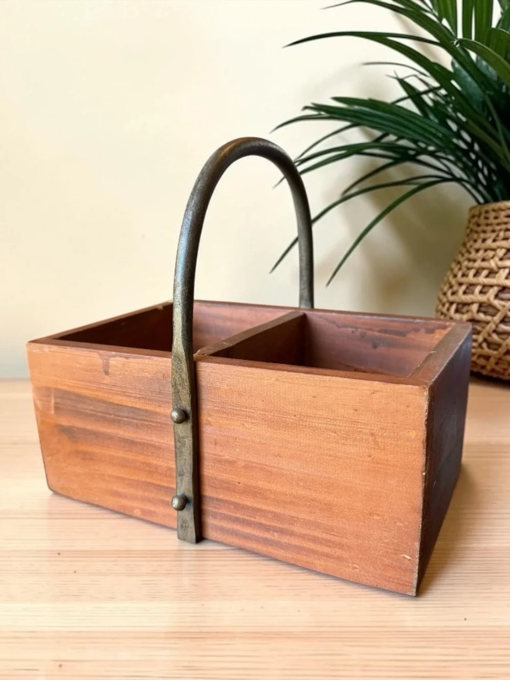 Rustic Wooden Caddy Organizer with Metal Handle | Farmhouse Storage Tote